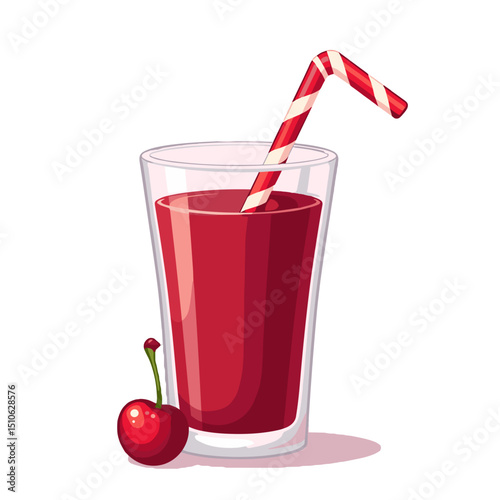 A glass of cherry juice with a striped straw and fresh cherries on a transparent background