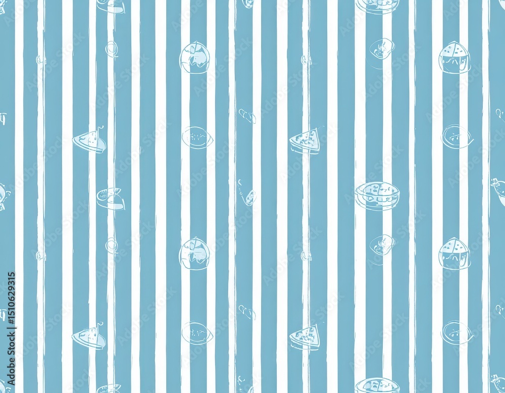 Fototapeta premium Whimsical Blue and White Striped Pattern with HandDrawn Food and Drink Illustrations
