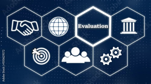 A Evaluation concept button on a futuristic, beautiful abstract wave technology background, white flickering dots on technology background.