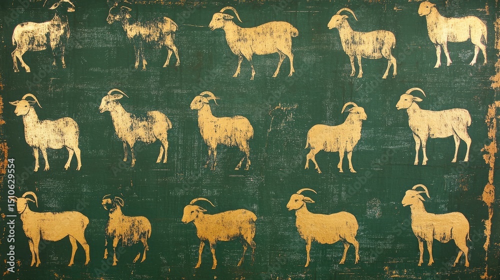 Fototapeta premium Gold goat silhouettes on a dark green background.