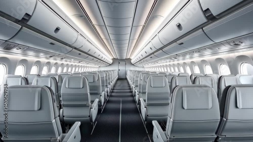 Modern empty airplane cabin with sleek white seats and clean interior design. Wide body aircraft economy class. Ideal for concepts of travel, aviation, transportation, or minimalism