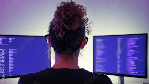 Back view of woman with curly hair coding on dual monitors in dark room with neon lighting. Concept of programming, cybersecurity, tech industry, software development, and digital work