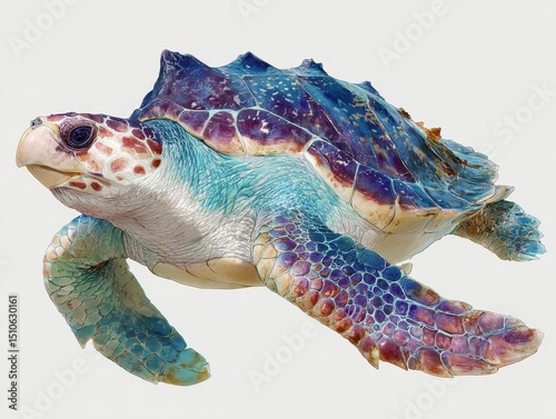 A vibrantly colored Kemp's Ridley sea turtle swims gracefully against a plain background displaying its unique markings and textured pattern beautifully. photo