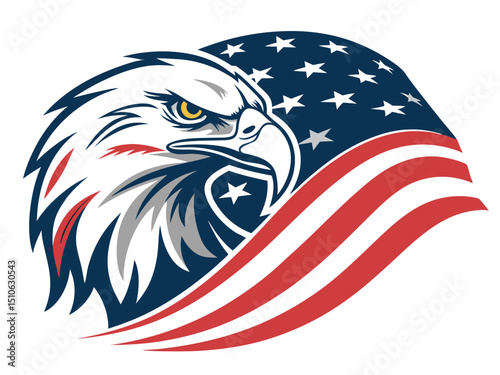 This vector illustration of a bald eagle on an American flag background represents patriotism.