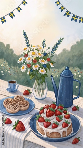 Charming naive-style illustration of Swedish fika with strawberry cake, cinnamon buns and flags — perfect for National Day or midsummer cards.