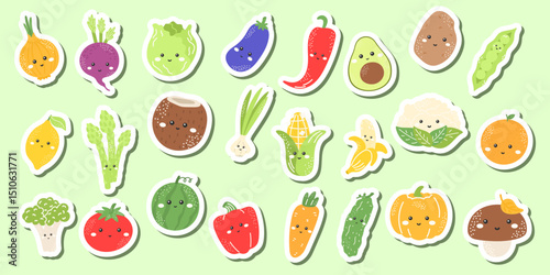 Cute vector sticker set kawaii fruit and vegetable characters with smiling faces. Onion, eggplant, chili, avocado, lemon, tomato, and more. Perfect for kids, healthy food-themed designs fun clip art