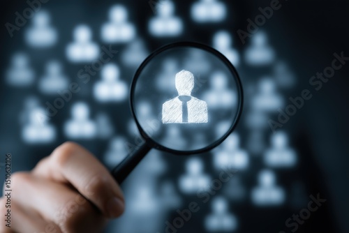 A hand holding a magnifying glass focusing on a digital person icon, symbolizing recruitment and talent search in modern business.