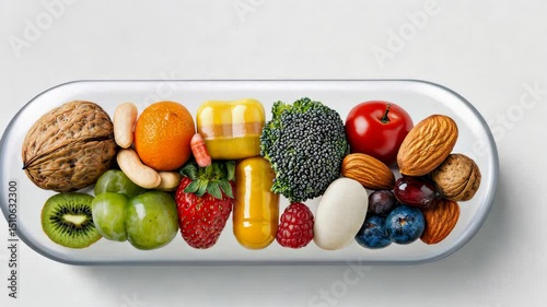 Capsule filled with fruits, vegetables, nuts, and supplements symbolizing natural nutrition and vitamins. Concept of food as medicine. Ideal for health, wellness, and dietary supplement visuals