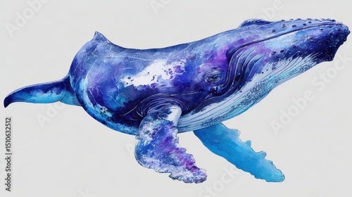A mesmerizing humpback whale adorned with cosmic colors gracefully swims in an endless expanse of pure white nothingness underwater landscape.