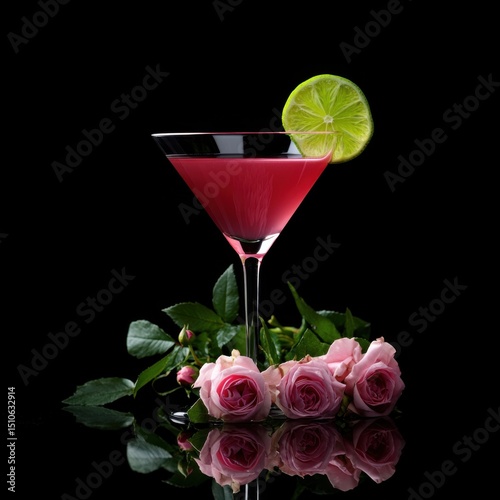 Elegant cosmopolitan cocktail with roses reflecting on black background