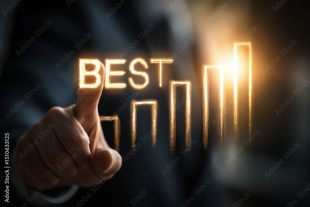Fototapeta premium A hand pointing at the word 'BEST' with a rising graph, symbolizing success, achievement and growth in business performance.