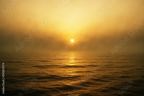 Foggy golden light over ocean with misty sky and warm sunset tones, surreal seascape mood