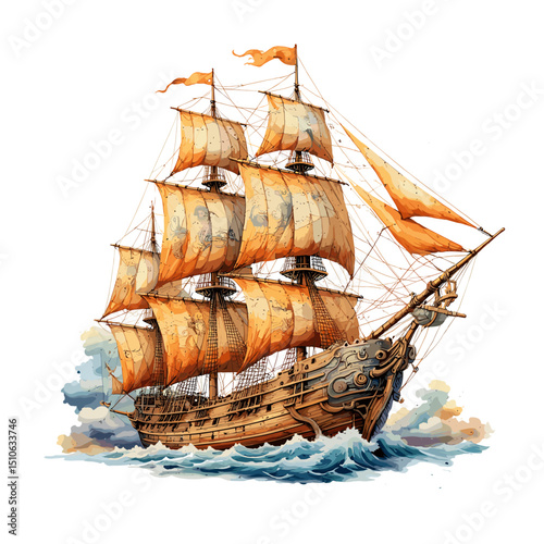 Sailboat in the sea, summer adventure, water color style.