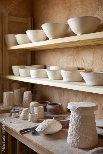 Artisan pottery studio filled with unfinished clay pieces arranged neatly on shelves, showcasing a creative and organized workspace for pottery enthusiasts