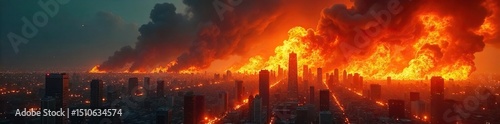 A raging inferno consumes a cityscape, symbolizing economic downturn and devastation The flames represent the destructive power of financial crisis and market collapse , smoke, downturn, economy