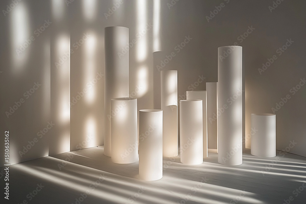 Shadow play behind white cylinder display scene Shadow play behind white cylinder display scene