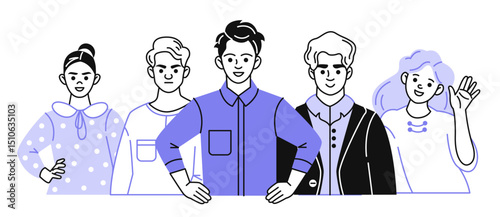 A group of successful young business people in the doodle style. Teamwork. Confident men and women. Vector illustration isolated on white