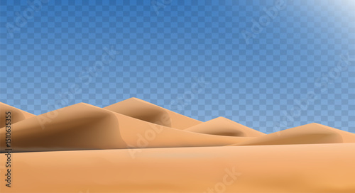Realistic desert landscape isolated on transparent background. Sandy desert dunes. Vector