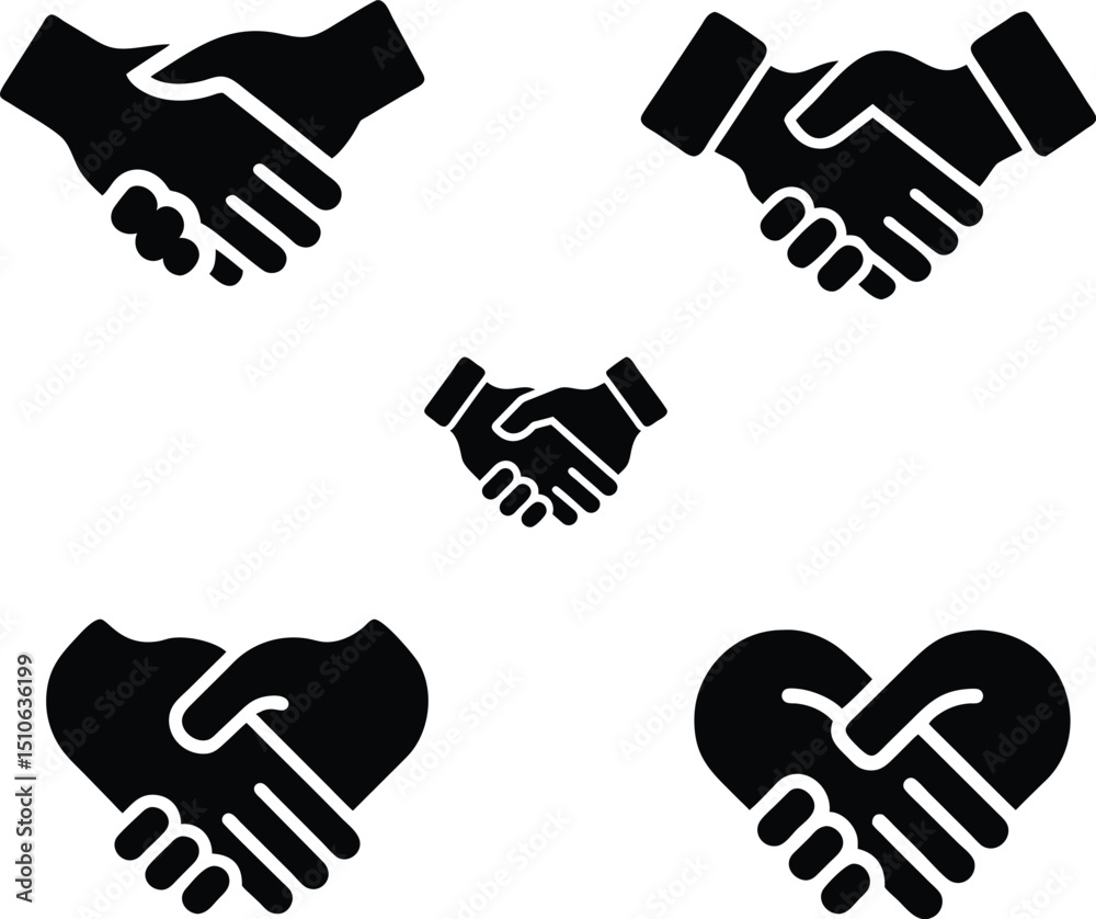 Fototapeta premium Handshake vector Icon Set – Business Deal, Agreement, Partnership, Unity, Collaboration Symbols for Corporate, Teamwork, and Trust Concepts