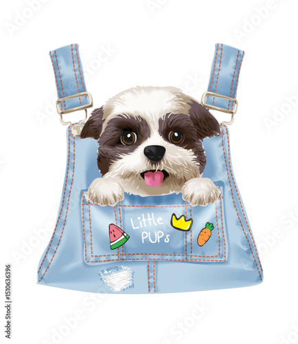 cute little puppy in overall denim chest pocket vector illustration created by hand drawn
