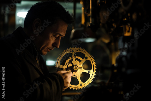 Silhouette of a clockmaker holding a tiny