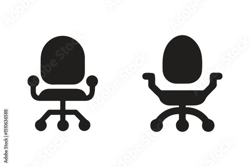 Silhouette Vector Icons of Ergonomic Office Chairs with Armrests and Caster Wheels for Workplace Designs