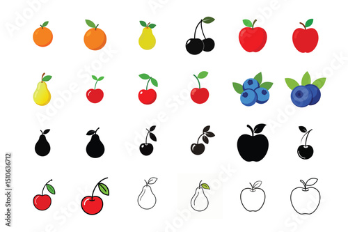 set of fruits, 24 set fruits icon, colorful set icon, outline set icon, silhouette set icon isolated on white background