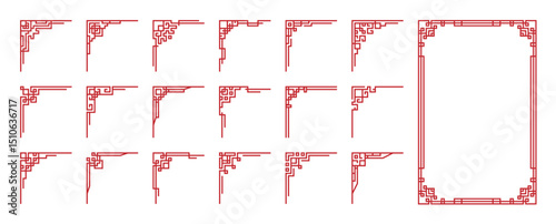 Chinese frame corner ornament vector set. Decorative elements with line, corner, borders, frames, headers. Illustration of elegant design suitable for card, invitation, poster, cover.