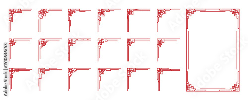 Chinese frame corner ornament vector set. Decorative elements with line, corner, borders, frames, headers. Illustration of elegant design suitable for card, invitation, poster, cover.