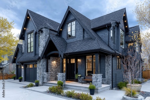 Wallpaper Mural Elegant Modern House with Dark Gray Shingle Roof Surrounded by Lush Landscaping Under Cloudy Sky Torontodigital.ca