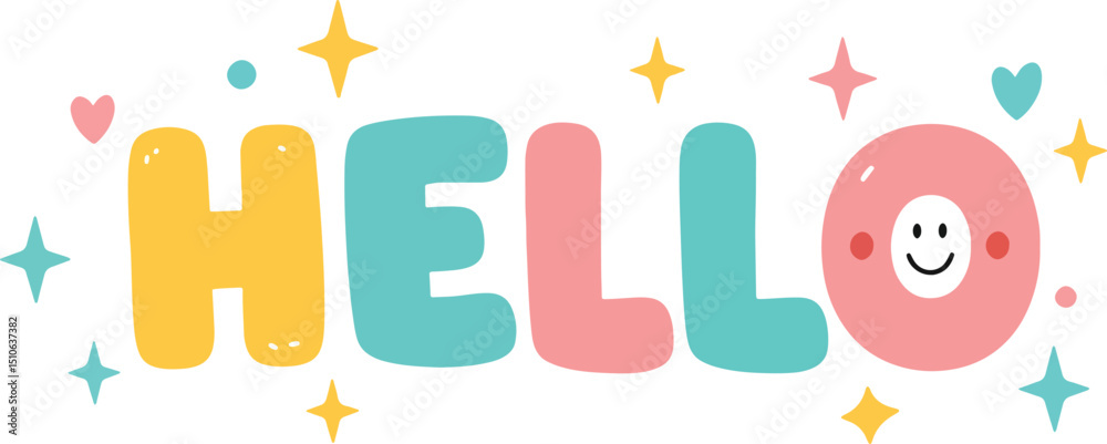 hello colorful hand drawn text with hearts and smiley face in flat playful style hello colorful hand drawn text with hearts and smiley face in flat playful style