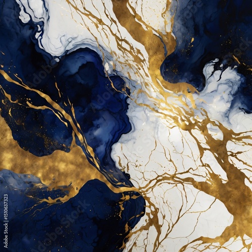 Celestial Currents: Abstract Flow of Gold and Sapphire Background