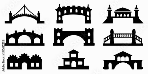 High resolution black silhouettes of bridges isolated on white background for design projects