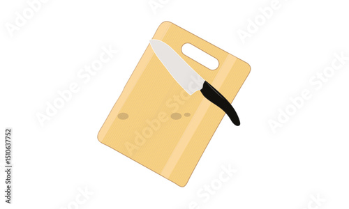 Cutting board and knife illustration, wooden cutting board and sharp kitchen knife isolated on white
