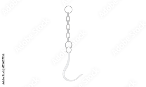 Silver Hook and Chain Vector, Meat Hanging Hook, Fishing Hook, Pointy Hook For Butcher Shop on white background