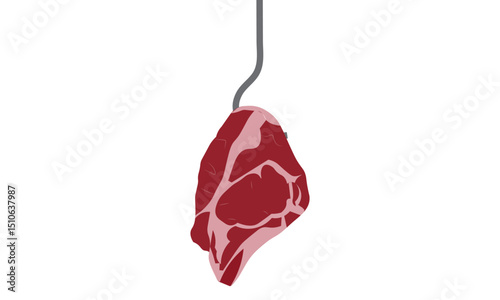 Steak on a Hook Vector, Raw Meat, Mutton, Beef, Lamb, Sheep, Camel Meat Piece Hanging on a Meat Hook at Butcher's Slaughter House Meat Shop Vector Illustration