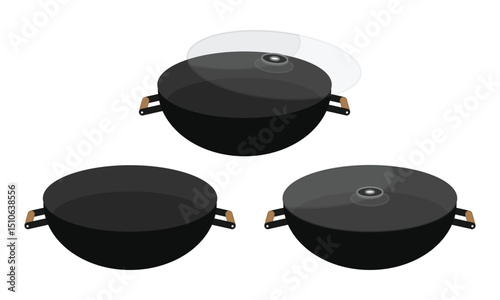 Wok with Lid A Collection of Cooking Pot Illustrations, Karahi Frying Pan Vectors on a white Background