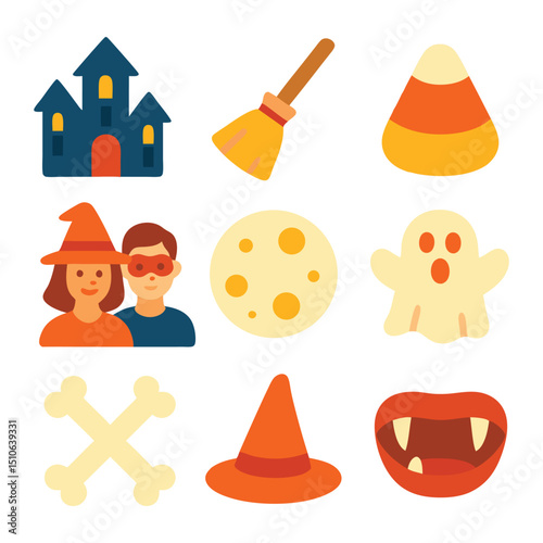 Nine Halloween icons sheet featuring a haunted house, perfect for holiday themed design projects, party invitations, social media posts, and greeting cards.