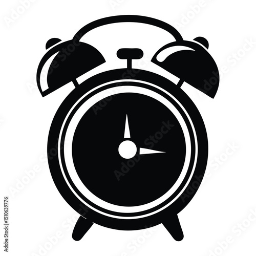 Alarm clock icon in classic black silhouette, Alarm silhouette, This image depicts a black silhouette of an alarm clock with distinct ringing bells, symbolizing time management, urgency, and notificat