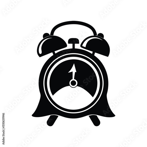 Alarm clock icon in classic black silhouette, Alarm silhouette, This image depicts a black silhouette of an alarm clock with distinct ringing bells, symbolizing time management, urgency, and notificat