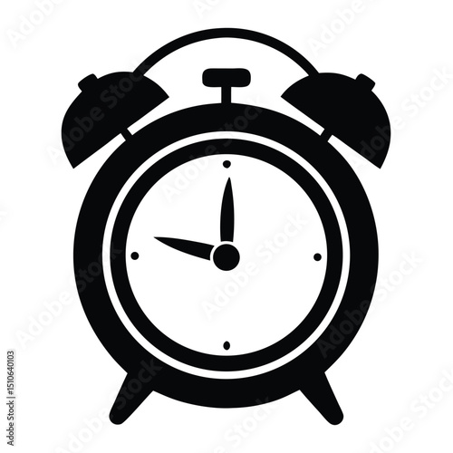 Alarm clock icon in classic black silhouette, Alarm silhouette, This image depicts a black silhouette of an alarm clock with distinct ringing bells, symbolizing time management, urgency, and notificat