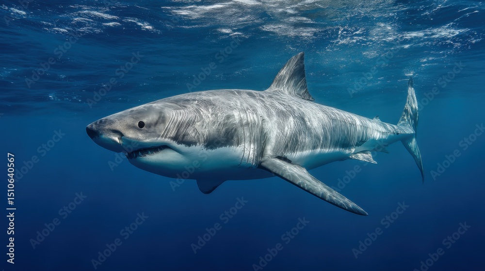 Naklejka premium Great white shark swimming in deep blue water