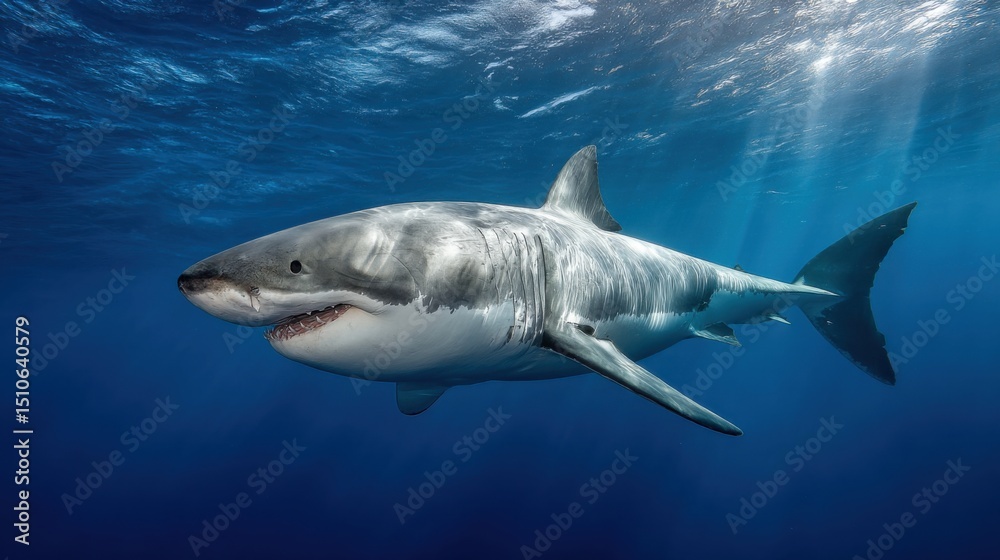 Fototapeta premium Great white shark swimming in blue ocean with sun rays shining through surface