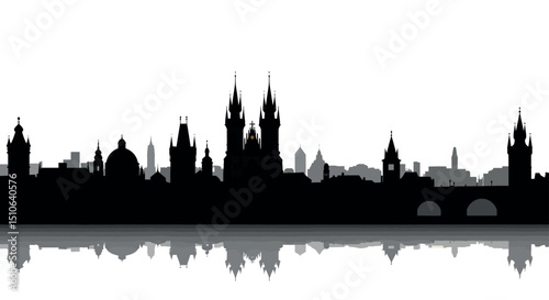 Silhouette of historic prague skyline reflected on calm water