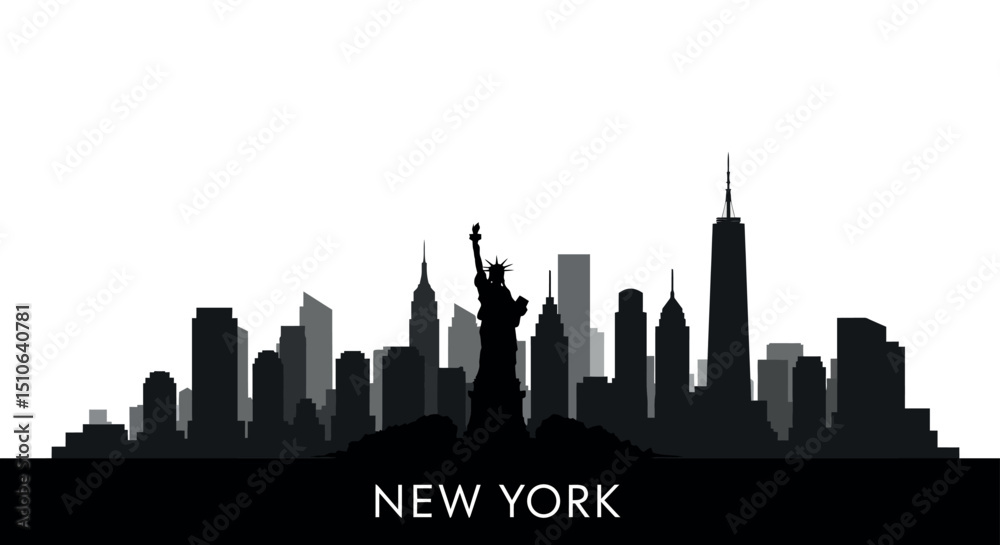 Naklejka premium New york city skyline silhouette with statue of liberty and skyscrapers