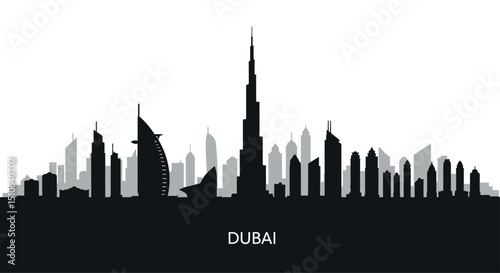 Dubai skyline silhouette featuring iconic burj khalifa and modern architecture