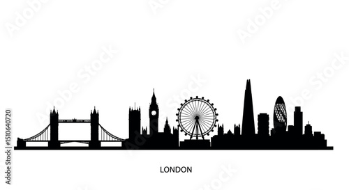 London skyline silhouette with iconic landmarks and tower bridge against white background