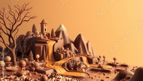Enchanting chocolate landscape featuring a caramel river and chocolate castle