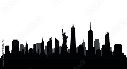 Silhouette of new york city skyline featuring iconic statues and skyscrapers