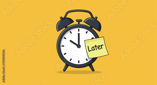 Vintage alarm clock with "later" note on yellow background